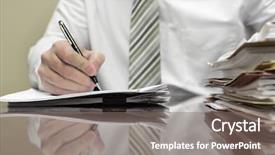  Presentation with piles - Slide set enhanced with businessman sitting at desk with pad of paper and piles fileswriting background and a gray colored foreground