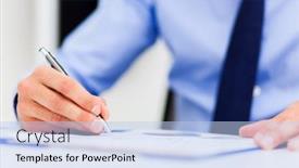  Presentation with contract - Presentation theme with businessman sitting at office desk signing a contract background and a light blue colored foreground