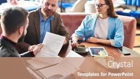  Presentation with reading table - Cool new PPT theme with businessman-sitting-at-table backdrop and a coral colored foreground