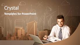  Presentation with buildings - Theme featuring businessman sitting at the black table with buildings and measurements on the background background and a coral colored foreground