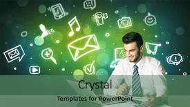  Presentation with social media - Audience pleasing slide set consisting of businessman sitting at the black table with social media symbols on the background backdrop and a ocean colored foreground