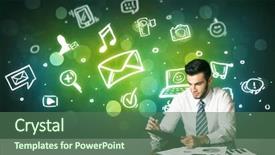  Presentation with social media - Slide set enhanced with businessman sitting at the black table with social media symbols on the background background and a ocean colored foreground