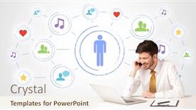  Presentation with social media - PPT theme enhanced with businessman sitting at white table with social media connection background background and a sky blue colored foreground