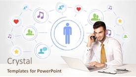  Presentation with connection - Presentation theme featuring businessman sitting at white table with social media connection background background and a sky blue colored foreground