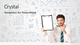  Presentation with diagram - Cool new slide set with businessman sitting at white table with hand drawn diagram background backdrop and a sky blue colored foreground