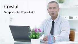  Presentation with desk - PPT theme consisting of businessman sitting behind a desk background and a  colored foreground