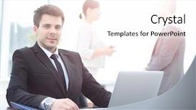  Presentation with successful communication - Presentation theme consisting of businessman sitting behind a desk background and a pink colored foreground