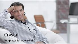  Presentation with tourism hotel lobby - PPT theme having businessman sitting in a chair background and a  colored foreground