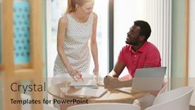  Presentation with meeting table - PPT theme with businessman sitting in armchair by table and having talk with pretty young employee at working meeting background and a coral colored foreground