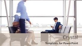  Presentation with airport lounge - PPT theme with businessman-sitting-in-busy-airport background and a soft green colored foreground