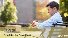  Presentation with smart city - Audience pleasing theme consisting of businessman sitting in city park looking at smart watch backdrop and a yellow colored foreground
