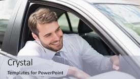  Presentation with drivers - Presentation theme consisting of businessman sitting in drivers seat in his car background and a light blue colored foreground