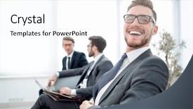  Presentation with waiting room furniture - Slides featuring businessman sitting in office wait background and a white colored foreground