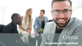  Presentation with desktop - Beautiful slide deck featuring businessman-sitting-near-the-desktop backdrop and a gray colored foreground