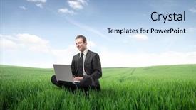  Presentation with meadow - Colorful presentation theme enhanced with businessman sitting on a green backdrop and a light blue colored foreground