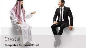  Presentation with arab - Audience pleasing slide deck consisting of businessman-sitting-on-a-panel backdrop and a light gray colored foreground