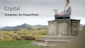  Presentation with laptop - Slides with businessman-sitting-on-a-pedestal background and a light gray colored foreground