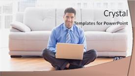  Presentation with floor - Audience pleasing presentation design consisting of businessman sitting on floor using laptop smiling at camera in the office backdrop and a light gray colored foreground