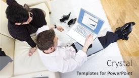  Presentation with floor - PPT theme featuring businessman sitting on floor and teamworking on laptop computer with businesswoman they look workaholic high-angle view background and a sky blue colored foreground