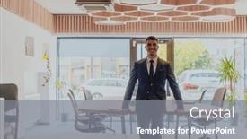  Presentation with workday - Presentation design with businessman-sitting-on-his-desk and a gray colored foreground