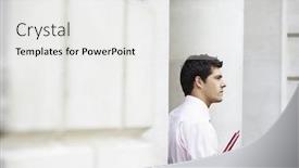  Presentation with files - Audience pleasing presentation consisting of businessman sitting on pillar outside building holding files backdrop and a light gray colored foreground