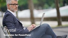  Presentation with public - Presentation design with businessman sitting on public bench using laptop background and a dark gray colored foreground