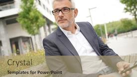  Presentation with public - Amazing presentation theme having businessman sitting on public bench using smartphone backdrop and a coral colored foreground