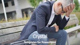  Presentation with public - Slide set with businessman sitting on public bench background and a ocean colored foreground