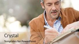  Presentation with agenda - Slide set with businessman sitting on public bench working with agenda background and a coral colored foreground