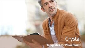  Presentation with agenda - Beautiful theme featuring businessman sitting on public bench working with agenda backdrop and a tawny brown colored foreground