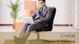  Presentation with office chair - PPT theme having businessman-sitting-on-the-chair background and a gold colored foreground