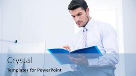  Presentation with reading table - Audience pleasing PPT theme consisting of businessman sitting on the table and reading document in office backdrop and a light blue colored foreground