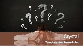  Presentation with question marks - Audience pleasing presentation design consisting of businessman sitting under question marks backdrop and a tawny brown colored foreground