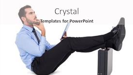 Presentation with feet - Audience pleasing presentation theme consisting of businessman sitting with feet on his briefcase thinking on white background backdrop and a white colored foreground