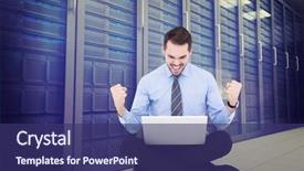  Presentation with server room - Colorful slide deck enhanced with businessman sitting with his laptop cheering against server room backdrop and a violet colored foreground