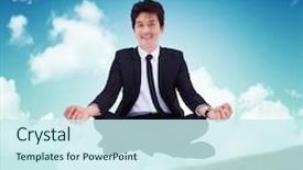  Presentation with meditation green - Amazing slide set having businessman sitting with meditation gesture against blue sky over green field backdrop and a cool aqua colored foreground