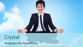  Presentation with meditation - Colorful presentation theme enhanced with businessman sitting with meditation gesture against sky and field backdrop and a sky blue colored foreground