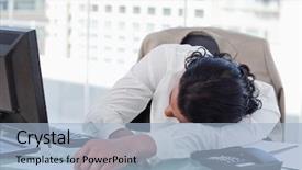  Presentation with sleeping - PPT theme enhanced with businessman sleeping on his desk background and a light blue colored foreground