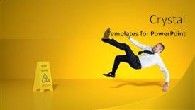  Presentation with caution - Colorful PPT theme enhanced with businessman-slips-on-wet-floor backdrop and a gold colored foreground