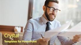  Presentation with entrepreneur - Slide deck consisting of businessman smile - portrait of confident bearded entrepreneur background and a tawny brown colored foreground