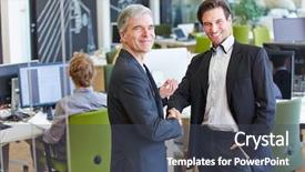  Presentation with giving - Slide set with businessman smile - two smiling business people giving background and a  colored foreground