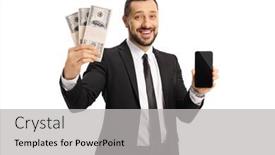  Presentation with mobile money - Audience pleasing slide set consisting of businessman-smiling-and-holding-money backdrop and a light gray colored foreground