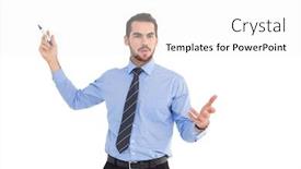  Presentation with marker - Beautiful presentation featuring businessman speaking and gesturing with marker on white background backdrop and a white colored foreground