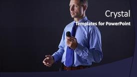  Presentation with microphone - Presentation consisting of businessman speech concept talking with microphone in conference hall background and a wine colored foreground