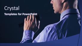  Presentation with microphone - Beautiful PPT layouts featuring businessman-speech-concept-talking backdrop and a wine colored foreground