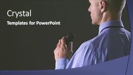  Presentation with microphone - Presentation design enhanced with businessman-speech-concept-talking background and a dark gray colored foreground