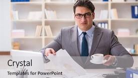  Presentation with spilling - Colorful presentation theme enhanced with businessman spilling coffee on important backdrop and a light gray colored foreground