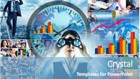  Presentation with collage - Colorful slide set enhanced with businessman spying competitors with binoculars backdrop and a teal colored foreground