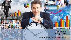  Presentation with metrics cloud collage business - Theme enhanced with businessman spying competitors with binoculars background and a light blue colored foreground
