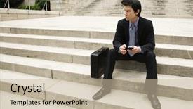  Presentation with business man climbs up to the top of 3d success stairs steps - Cool new presentation with businessman stairs - asian business man sitting backdrop and a  colored foreground